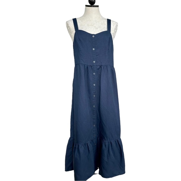 Frank and Oak Navy Blue Button Down Ruffle Sun Dress Sleeveless Size Medium - Picture 3 of 15